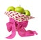 Inverted straw hat with pink canvas ribbon bow and green apples