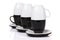Inverted white cups stands on black cups with stack plates.