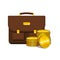 Investment portfolio with gold. Briefcase and stacks of gold coins. Color vector illustration.