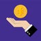 Investment return concept. gold coin with sign of Libra coin currency on hand, palm of businessman. invest growth, finance plan