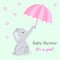 Invitation card baby shower with elephant for girl. Cute elephant with an umbrella on a turquoise background with stars. Birthday