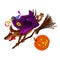 Invitation card on Halloween. Dachshund on a broomstick with a pumpkin and a costume. Digital - download and print