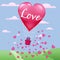 Invitation card of love and valentine day, hot air balloon with couple flying over grass with heart float on the sky