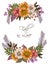 Invitation design wreath bouquet frame card, leaves flower seasonal botanical garden watercolor illustration isolated on white