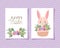 invitation with happy easter lettering,one cute pink bunny and one basket full of easter eggs