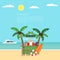 Invitation on Merry Christmas and New Year. Sea, yacht,palm tree and cute bartender santa. Summer background - sunny