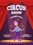 Invitation poster for circus show or magicians performance. Illustration of clown juggle on the scene