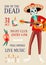 Invitation poster for Day of the Dead party with skeleton playing guitar in festival costume and sombrero. Advertising
