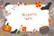 Invitation to the party Halloween. Pumpkin, bottle, skull, cross, sweets, bat, cauldron