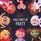 Invite to Halloween kid party in costumes. Funny baby alien characters. Dragon child in school. Friends celebration