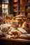 An inviting bakery display with rustic loaves, ciabatta and crusty bagels