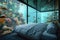 An inviting bed placed beneath a window, adorned by a large aquarium, A glass underwater hotel with all the colourful marine life