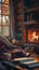 An inviting cabin interior with a crackling fire, soft lighting, and autumnal decor
