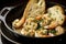 inviting close-up of a sizzling skillet with perfectly cooked shrimp scampi, crispy garlic bits, and fresh parsley