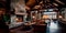 inviting and cozy lodge lobby in a mountain retreat, featuring a stone fireplace, wooden beams, and rustic furnishings