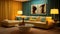 Inviting modern living room with warm yellow tones, cozy furnishings, and captivating wall art
