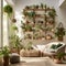 An inviting room adorned with lush green plants and elegant hanging lamps