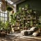 An inviting room adorned with lush green plants and elegant hanging lamps