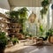 An inviting room adorned with lush green plants and elegant hanging lamps
