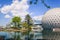 Inviting view of Toronto Ontario Place park grounds with stylish cinesphere standing in water