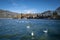 Ioannina city in Greece. View of the lake and the mosque of Aslan Pasa cami with seagulls and swans.