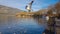 Ioannina or giannena city in greeece birds gull flying on the lake  in winter season