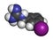 Iobenguane I-131 cancer drug molecule (radiopharmaceutical). 3D rendering. Atoms are represented as spheres with conventional