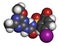 Iodosulfuron herbicide molecule. 3D rendering. Atoms are represented as spheres with conventional color coding: hydrogen white,.
