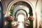 ious bright wedding hall with tables of flowers and arch