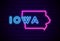 Iowa US state glowing neon lamp sign Realistic vector illustration Blue brick wall glow