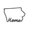 Iowa US state outline map with the handwritten HOME word. Continuous line drawing of patriotic home sign