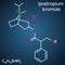 Ipratropium bromide molecule. It is bronchodilator, antispasmodic, anticholinergic drug. Structural chemical formula on the dark