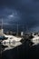 Ipswich waterfront marina with storm clouds