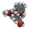 Iptacopan drug molecule. 3D rendering. Atoms are represented as spheres with conventional color coding: hydrogen white, carbon
