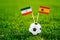 IR Iran - Spain, Group B, Wednesday, 20. June, Football, World Cup, Russia 2018, National Flags on green grass, white football bal