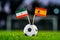 IR Iran - Spain, Group B, Wednesday, 20. June, Football, World Cup, Russia 2018, National Flags on green grass, white football bal