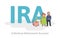 IRA, Individual Retirement Account. Elderly couple in front of acronym, with characters, letters and text. Colored flat