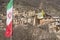 Iran country flag at foreground masuleh village in Gilan Provin