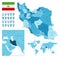 Iran detailed administrative blue map with country flag and location on the world map.