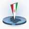 Iran map in round isometric style with triangular 3D flag of Iran