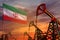 Iran oil industry concept. Industrial illustration - Iran flag and oil wells with the red and blue sunset or sunrise sky