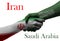 Iran and Saudi Arabia - Flag hands symbolizing cooperation and friendship