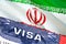 Iran Visa Document, with Iran flag in background. Iran flag with Close up text VISA on USA visa stamp in passport,3D rendering.