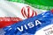 Iran visa stamp in passport with VISA text. Passport traveling abroad concept. Travel to Iran concept - selective focus,3D