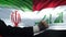 Iran vs Iraq confrontation, countries disagreement, fists on flag background