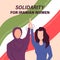 Iranian and European women holding hands up for solidarity. Freedom to women in Iran. Protest concept. Feminism movement