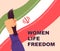 Iranian woman holding hand up with cut hair. Banner design with national Iranian flag.