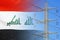 Iraq flag on electric pole background. Increasing energy consumption, energy crisis in Iraq. Price energy are getting more