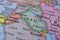 Iraq Travel Concept Country Name On The Political World Map Very Macro Close-Up View