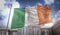 Ireland Flag 3D Rendering on Blue Sky Building Background